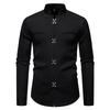 Men's Casual Solid-color Long-sleeved Shirt, Men's Slanted Front Button-down Stand-up Collar Shirt