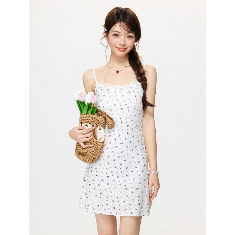 

Pure desire wind white floral lace edge splicing suspender dress women s spring summer medium and long waist skirt S белый