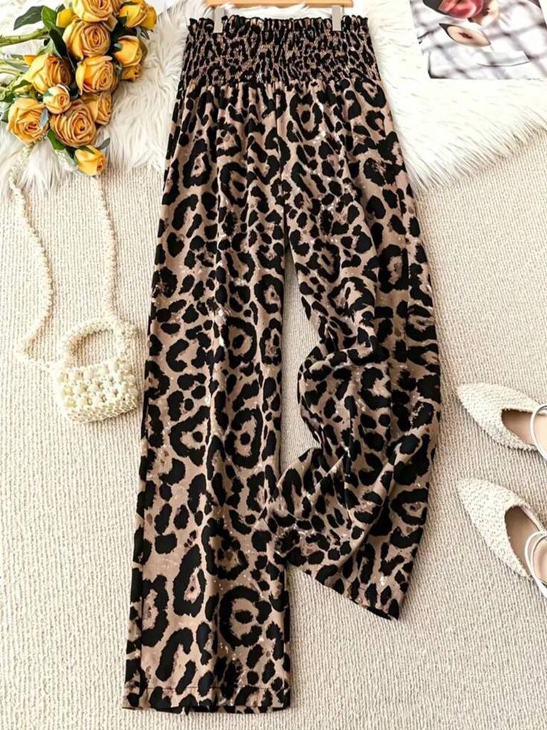 Oversized Leopard Print Casual Straight Leg Pants for Women with Elastic Waist