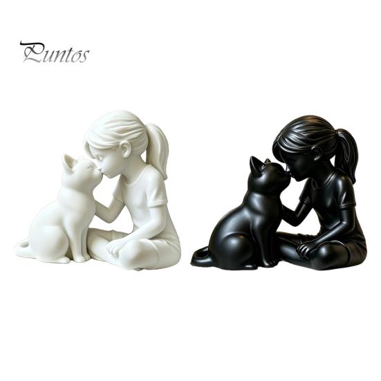 Girl Cat Sculpture 3D Printed and Statue, Cute with Kitty Figurine Resin Desktop Decor, Modern Art High-end Texture Ornament for Home Office