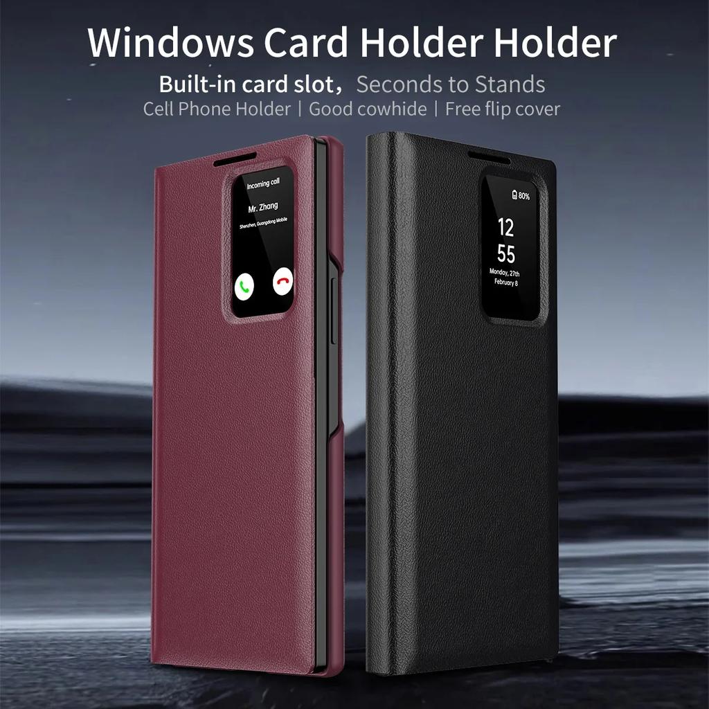 Funda de Cuero de Alta Gama con Tacto Suave para Samsung Galaxy Z Fold 7 6 5 4 Pantalla LED Inteligente HD Cubierta Trasera a Prueba de Golpes Windows