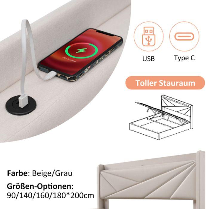 Lit Double - MUVOE - 160x200 - Tête De Lit Avec USB Type C - Cadre En Métal - Matelas Inclus