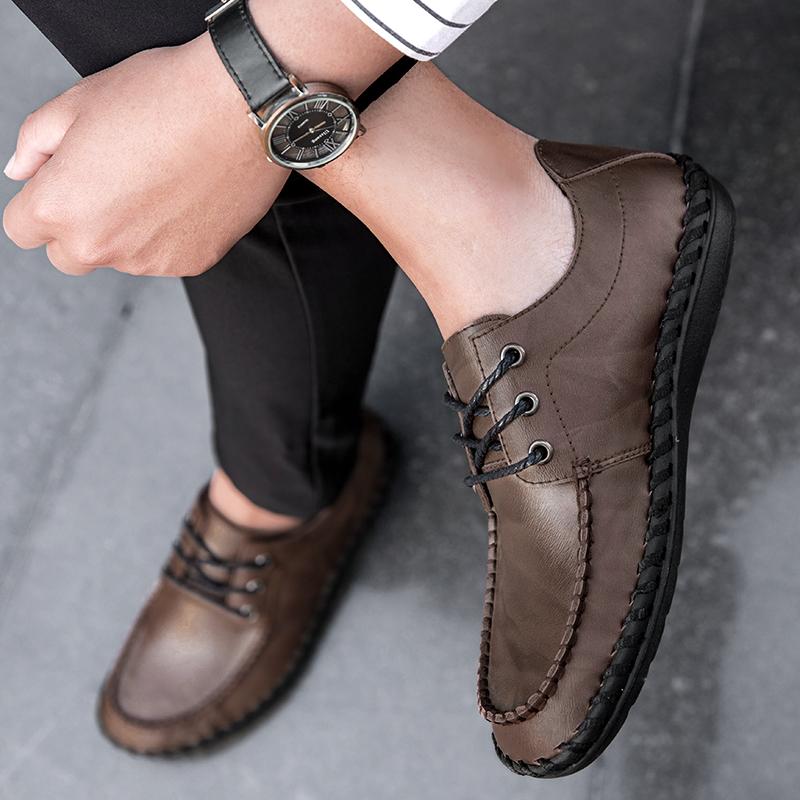 Men's Lacing Moccasins Driving Shoes Casual Loafers Retro Handmade Black Wide Shoes for Father Large Size