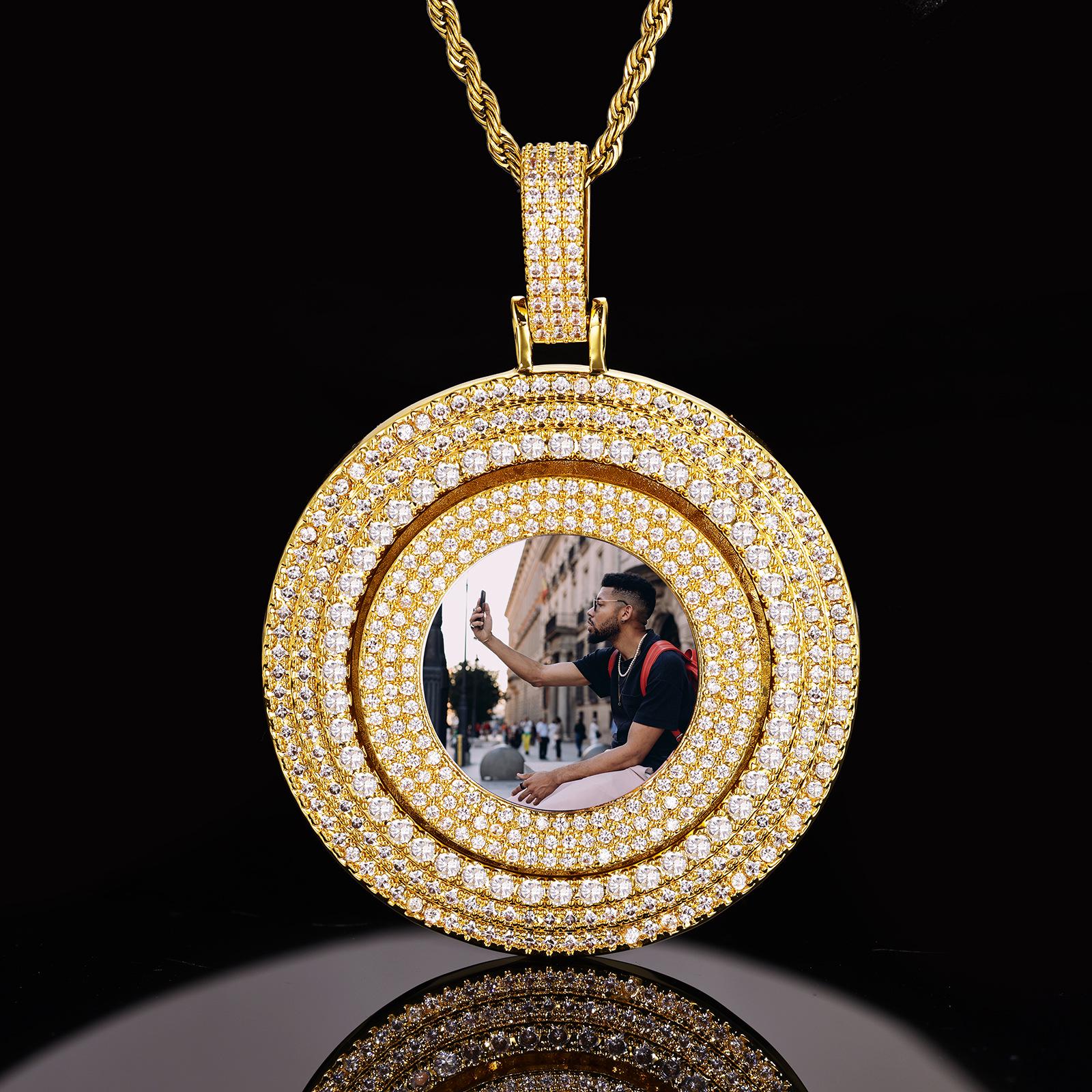 European & American Style Rotating Photo Pendant Necklace with AAA Zircon Inlay - Customizable Heavy Industry Hip Hop Design
