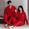 Red Couple Pajamas Set: Rayon Cotton, Long Sleeve & Pants, Festive Homewear for Spring and Autumn