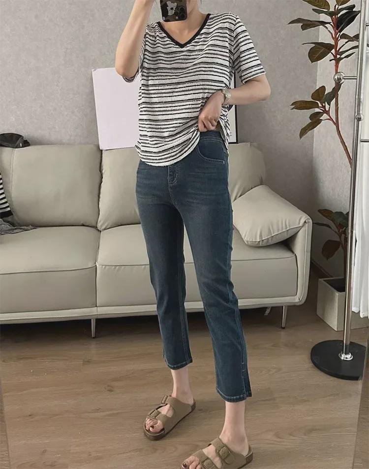 Women's High Waist Plus Size Elastic Cropped Jeans - Autumn Style, Slim Straight Cut.