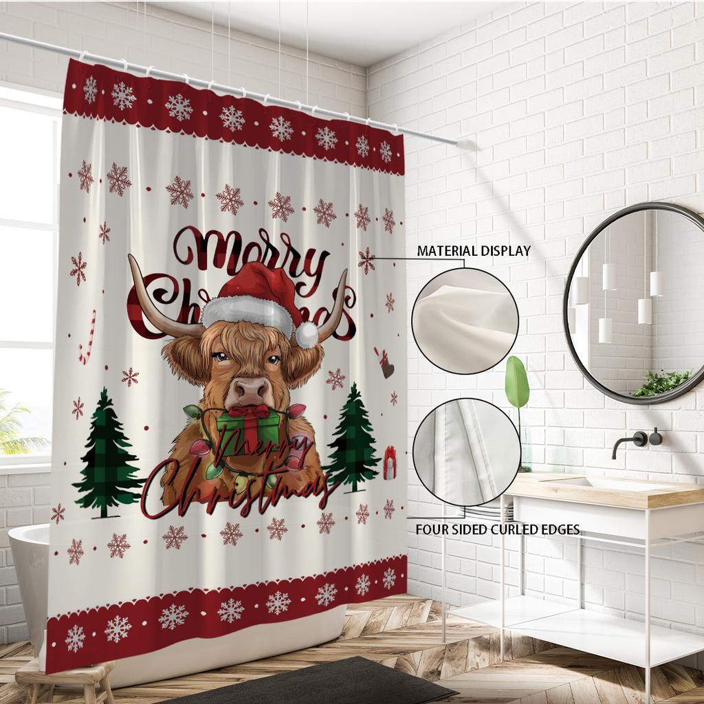 1pc Christmas Highland Cow Print Waterproof Shower Privacy Hanging Curtain with 12 Hooks, Multiple Sizes Machine Washable