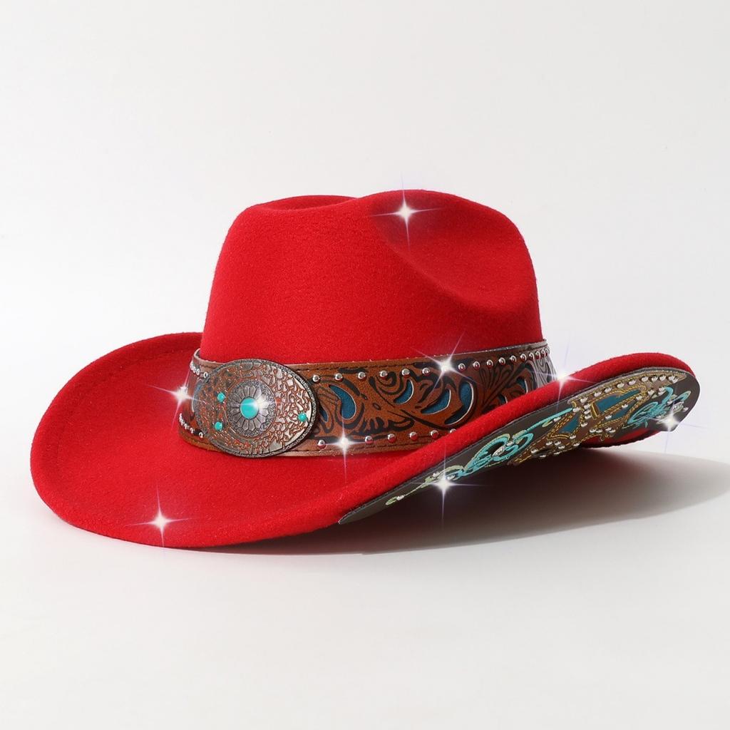 Autumn and winter men's and women's rolled-edge cowboy hat with heavy-duty belt decoration and patches