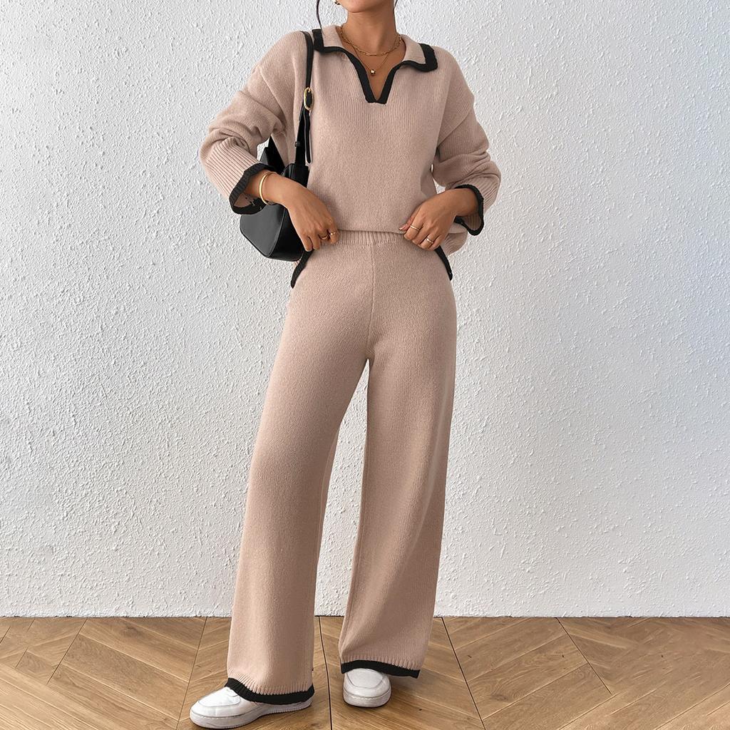 Women S Two Piece Set Polo Neck Long Sleeve Sweater And Wide Leg Pants