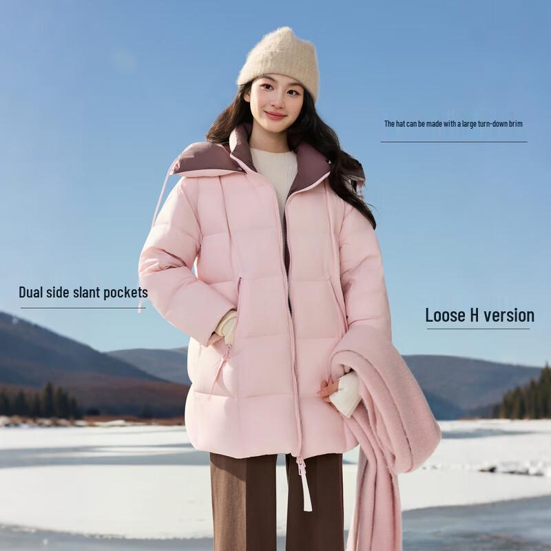 

Qiu Shui Yi Ren Women s Rose Color Block Hooded Loose-Fit Down Jacket S