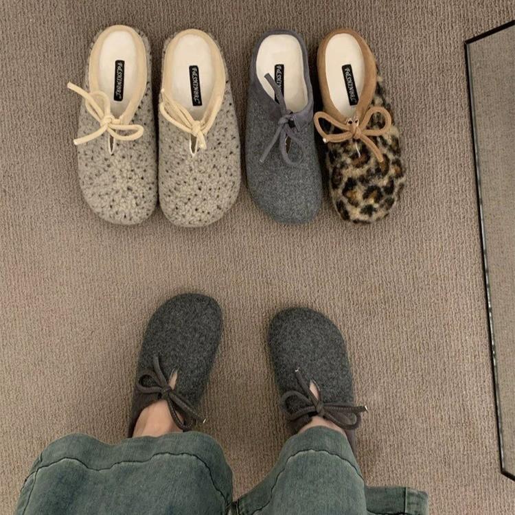 Korean Version of Ancient Covered Round Head Lace-up Bow Doudou Cotton Shoes, Inner Height Increase, Plush Warm Fluffy Shoes for Women's Autumn a