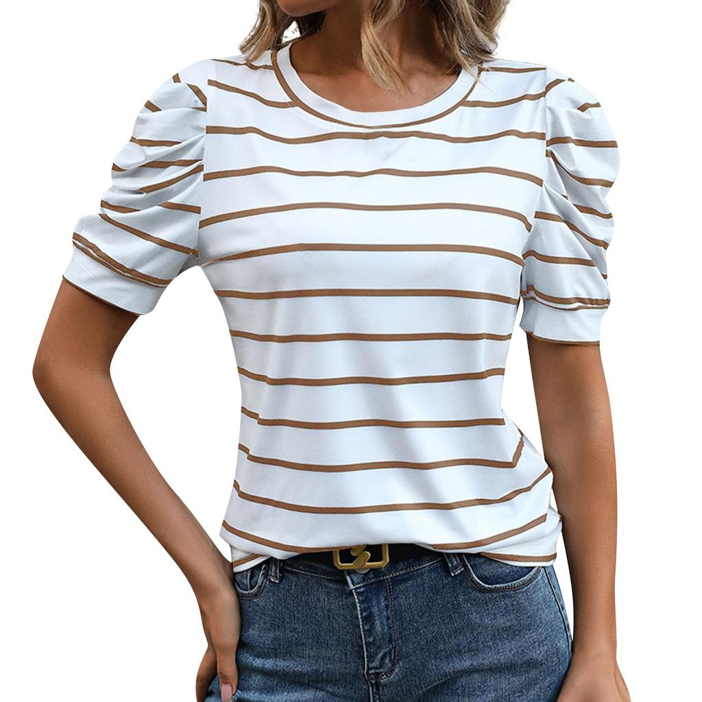 Women's Fashion Striped Leg Of Mutton Short Sleeve Casual T-Shirt