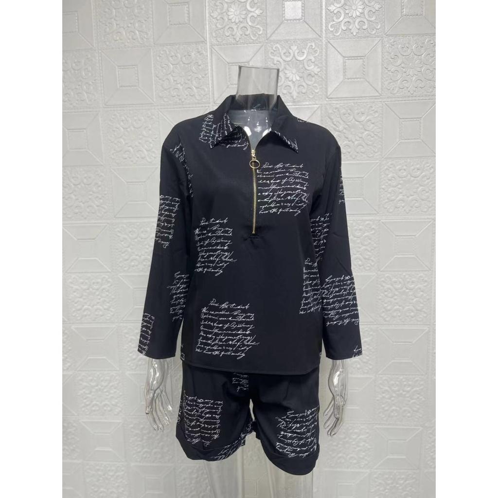 Women's sets summer long-sleeved lapel printed zipper shirt shorts clothes sale
