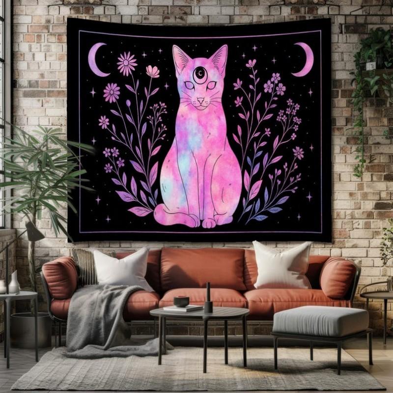 Cat Tapestry Mysterious Moon Flower Wall Hanging Gothic Bohemian Aesthetic Boho Bedroom Living Room Home Decor Wall Art
