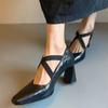 Fashion Elegant Cross-tied Chunky Heel Pumps Women Comfortable Square Toe Shallow Mouth Sandals Fashion Office Shoes Tacones Mujer