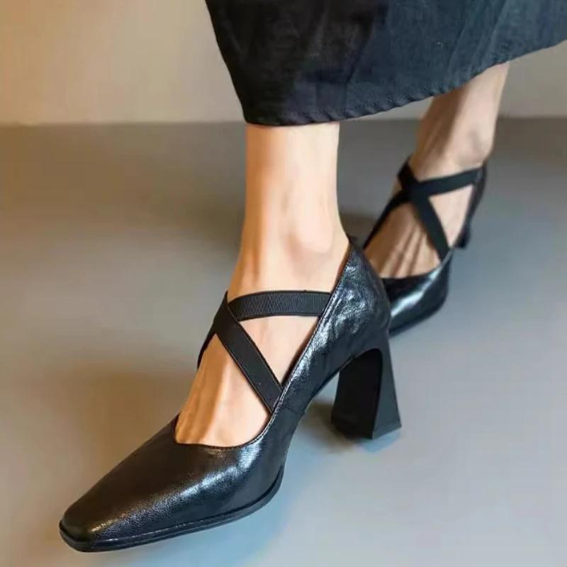 Fashion Elegant Cross-tied Chunky Heel Pumps Women Comfortable Square Toe Shallow Mouth Sandals Fashion Office Shoes Tacones Mujer