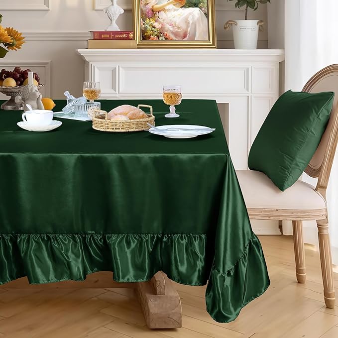 Gold Satin Tablecloth Rectangle Ruffled Table Cover,Ruffle Table Skirt for Kitchen Dining Weddings Dining Table Home Decoration