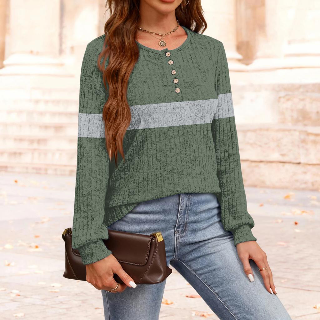 Women's Fashion V-Neck Button-Front T-Shirt With Striped Patchwork Print Long-Sleeved Top