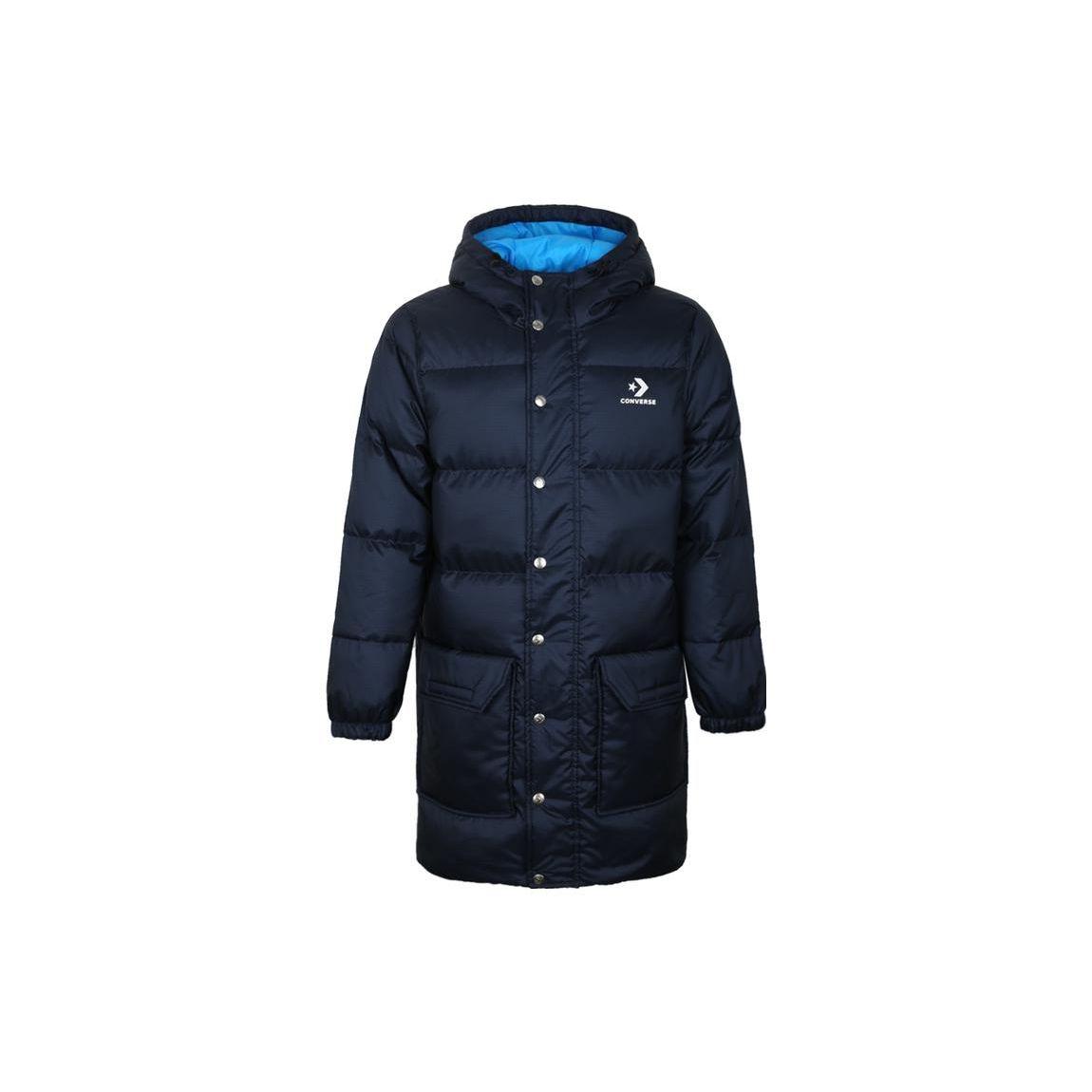

Теплый пуховик средней длины с капюшоном и принтом логотипа Converse, мужская верхняя одежда, темно-синий 10006882-A02