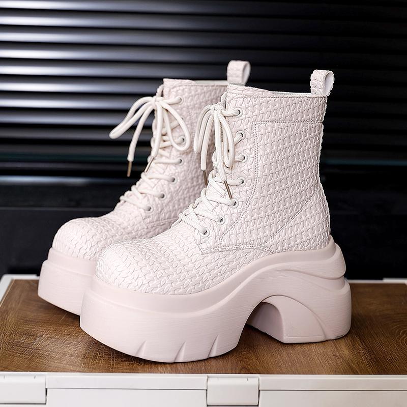 Fashion 9CM Women's Chunky Motorcycle Boots Autumn Hidden Heels Leather Sneakers Winter Heels Platform Boots Weave Mid-calf Boots Woman