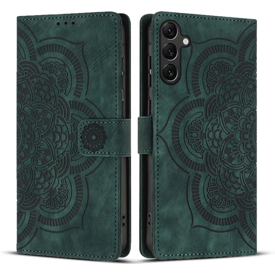 

For Samsung Galaxy A15 4G/Galaxy A15 5G Leather Case WANLONFENG HDM Series Mandala Imprint Wallet Stand Phone Cover Green