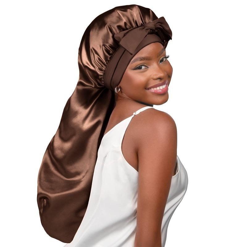 Simulation silk wide edge long tube nightcap, bow streamer long tail high elastic satin hair care cap