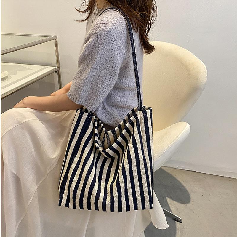 Large Capacity Striped Tote Bag Korean Retro Minimalist Nylon Shoulder Bag for Women Shopping