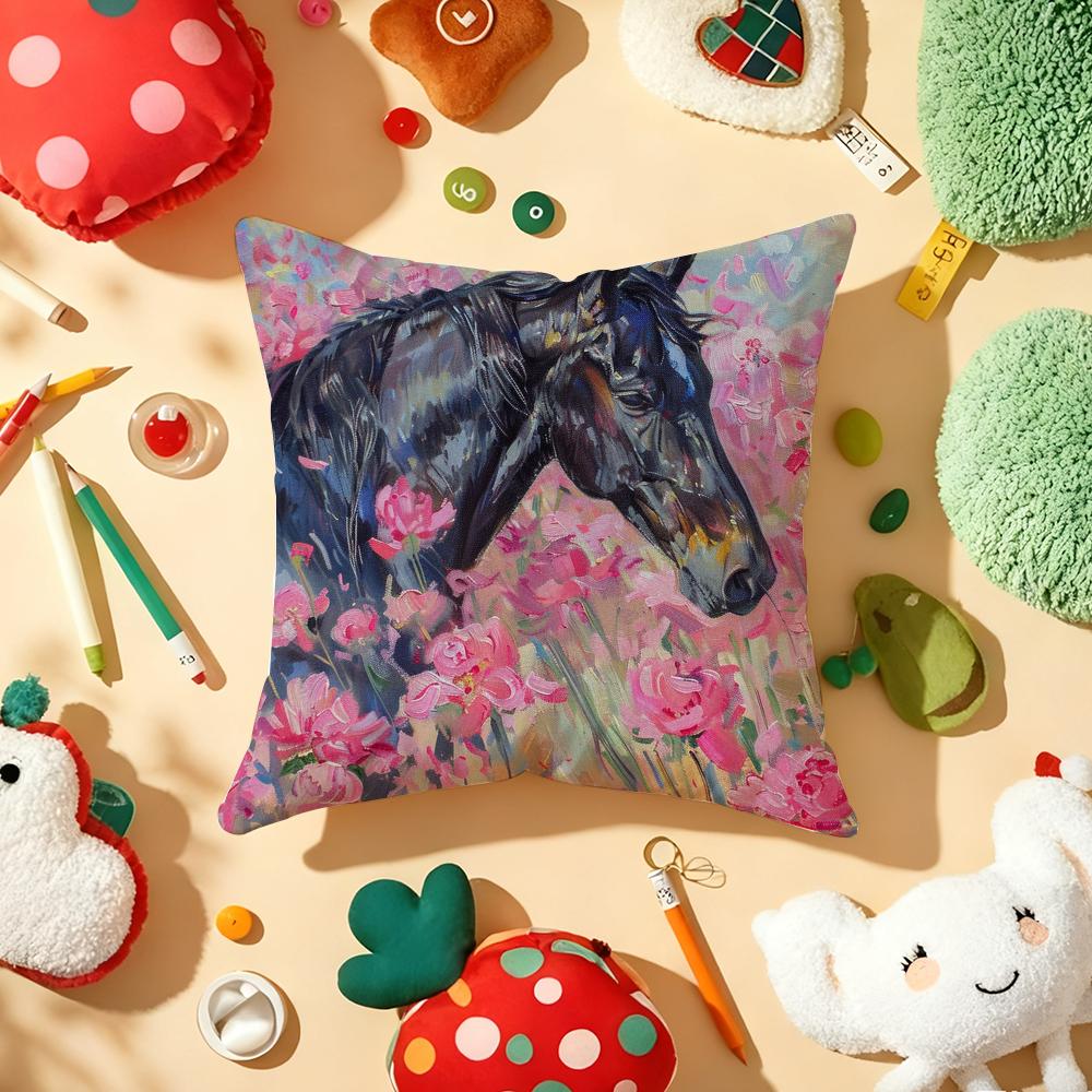 Oil Painting Horse Cushion Cover Plush Fabric Soft Double-Sided Printed Sofa Warm Winter Home Gift Pillow Cover