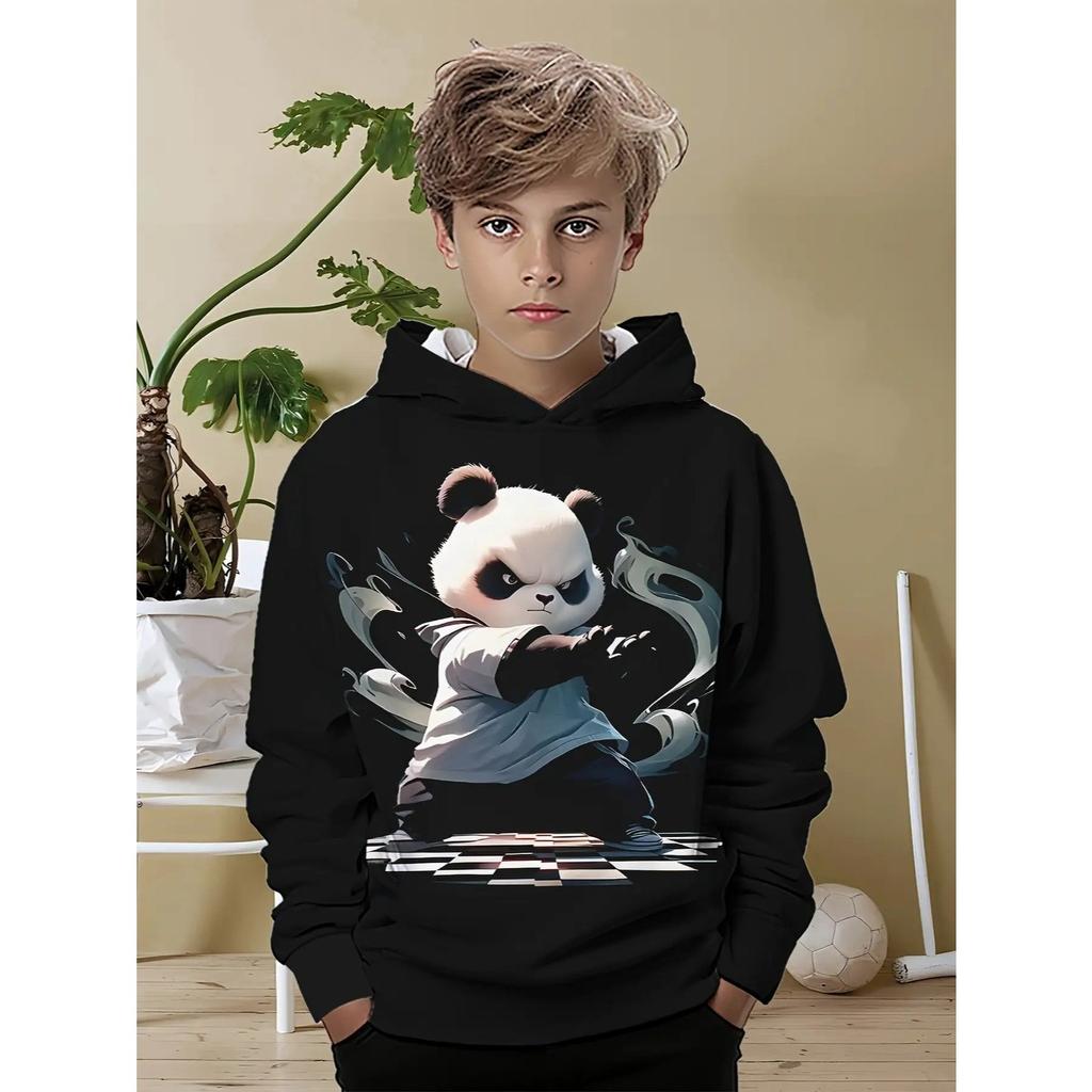Boy 3D Printed Tai Chi Panda Martial Arts Pattern Hoodie - Black and White Digital Cartoon Long Sleeve Shirt