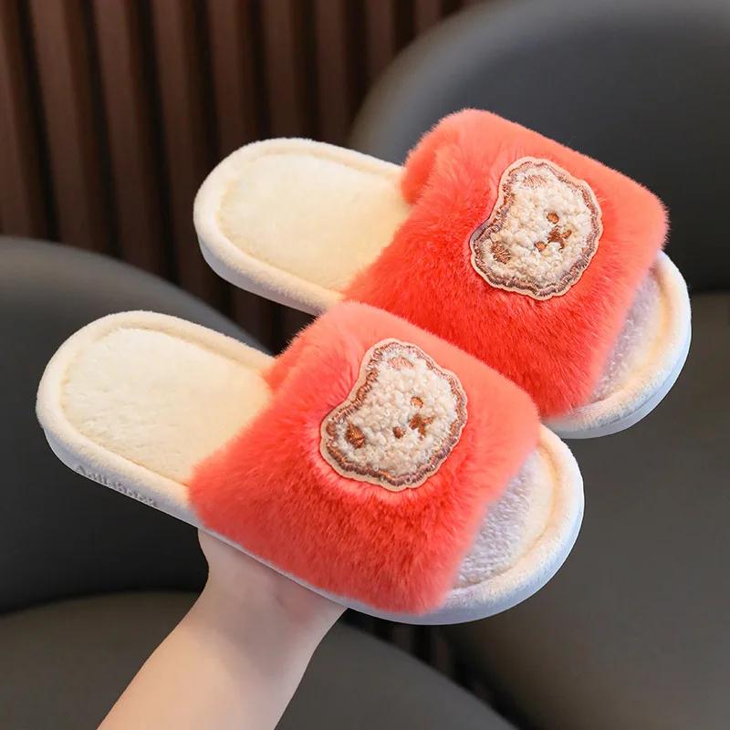 

Girl s Cartoon Slippers Furry Open Toe Solid Color Home Outdoor Children Sliders Winter Fashion Anti-slip All-match Kids Shoes 24 for (15-16CM) красный