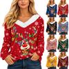 Women's Fashionable Casual Long Sleeve Christmas Print Plush Collar V-Neck Top