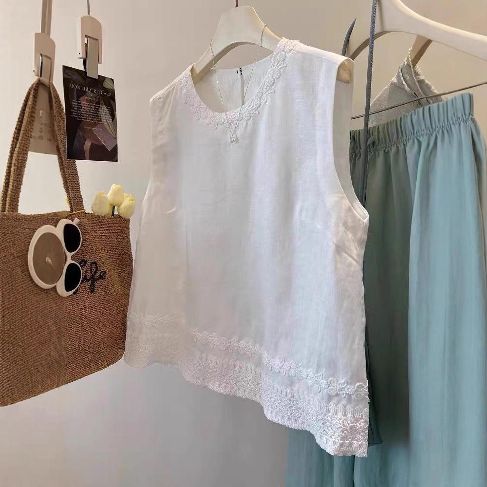 240 Jin Women's Sleeveless Lace Linen Vest – Heavy-duty, High-grade, Loose Round Neck Summer Top