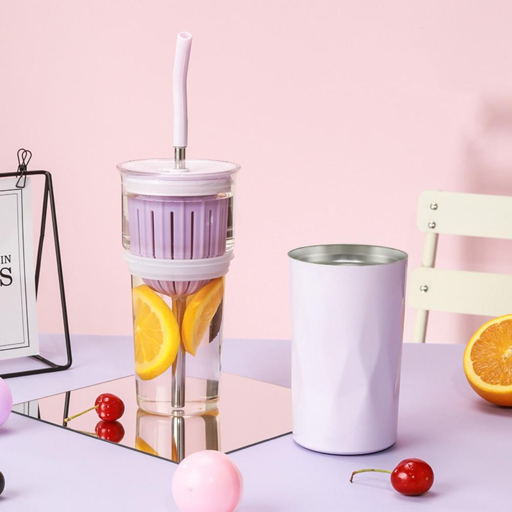 2 Layer 2 in1 Cooling Storage Glass 650ML Vacuum Mug Portable Straw Cup  Drinkware