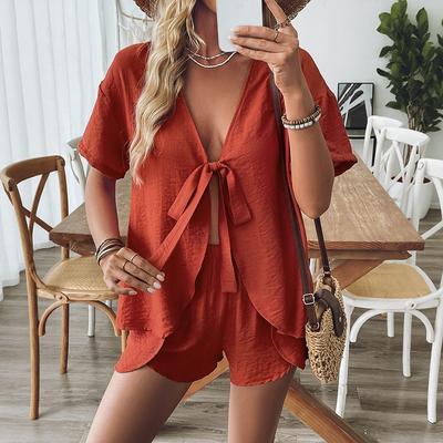 Women's Summer New Fashion Casual Chest Tie Shirt Shorts Two-piece Set