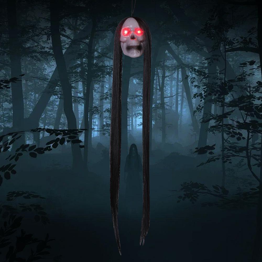 

Home Garden Outdoor Party Decoration Halloween Hanging Ghost Skeleton Head with Long Hair Red Blinking Eye Horror Photo Prop
