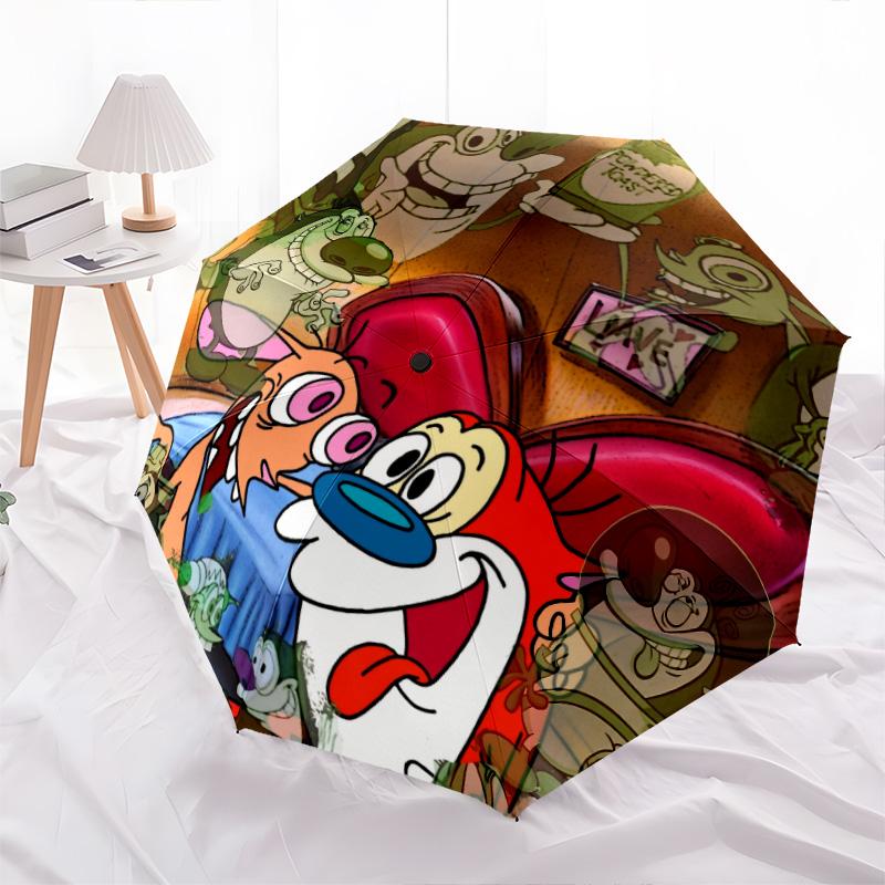 Ren and Stimpy pattern, automatic folding umbrella, portable and foldable design, 8 ribs, a Christmas or birthday gift.