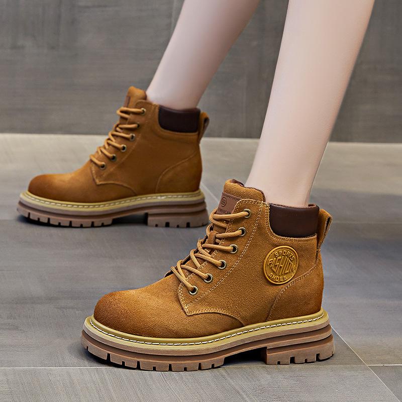 Herbst Martin Stiefel Damen Britischer Stil Retro Leder Große Gelbe Stiefel Runde Spitze Lässige Kurze Stiefel Leder Damenstiefel