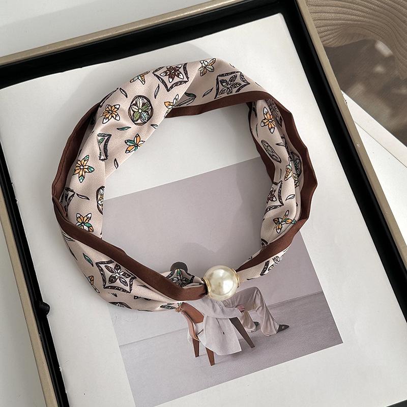 Silk scarf long strip high-end spring and summer new versatile pearl necklace neck chain scarf magnetic buckle silk scarf