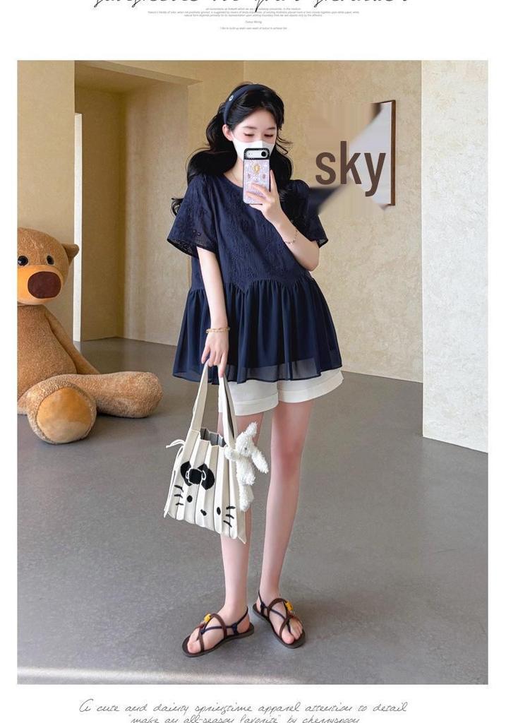 Korean Style Embroidered Patchwork Chiffon Doll Top & Tummy Support Shorts Set (Spring/Summer 2026)