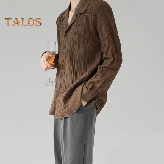 Pánská košile s kubánským límcem, dlouhý rukáv, pruhovaná, texturovaná, na knoflíky, volný střih, jednobarevná, ležérní košile pro každodenní nošení, dovolenou, práci