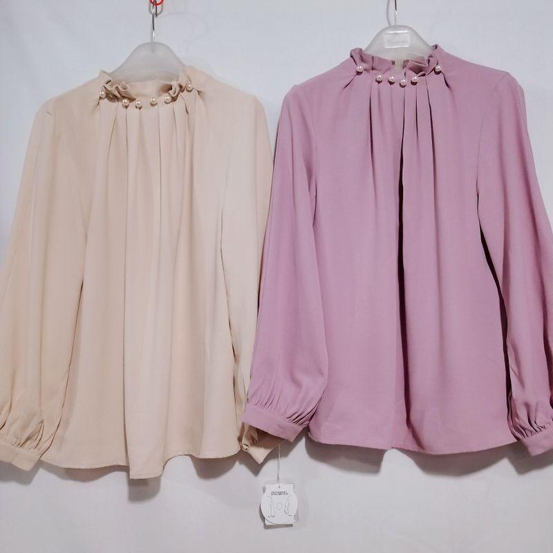 Export Japanese Original Single Cut Label Pearl Buckle Stand Collar Pullover Chiffon Long Sleeves Shirt Women's Professional Commute Shirt Base