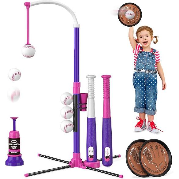 3-in-1 Baseball Set for Kids 3-5 - Tee Ball Stand, Hanging Tee, Ball Launcher and 6 Softballs - Adjustable Height, Indoor/Outdoor Sport Gifts for