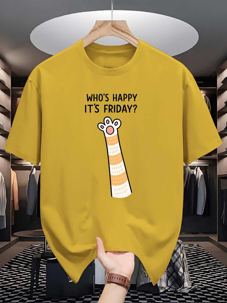 Unisex Crew Neck Tee Happy Friday Cat Paw Cartoon Graphic Print Soft Cotton Loose Short Sleeve Summer Casual Male Streetwear Tops