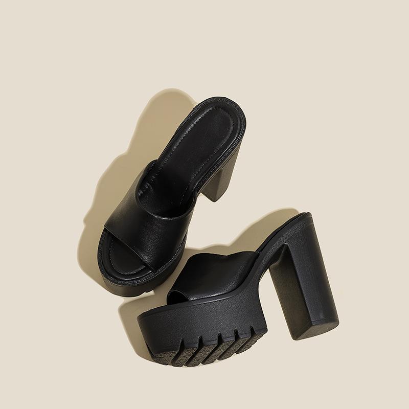 

Крутые тапочки Новые водонепроницаемые настольные толстый каблук рыбий носок маффин подошва большого размера на высоком каблуке тапочки 35 чёрный