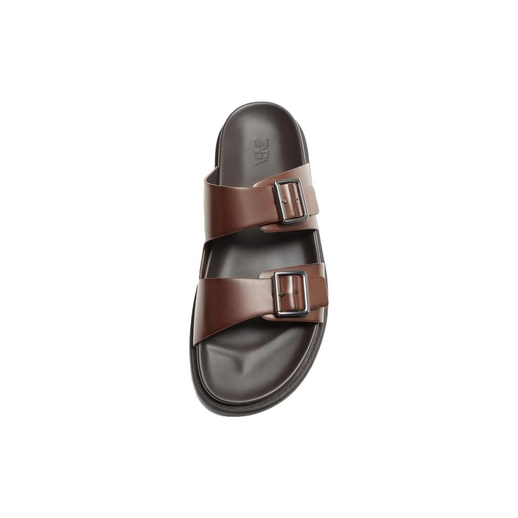 ZARA Double Strap Decorative Buckle Silent Slide Sandals Men Sandals Brown 2700220700