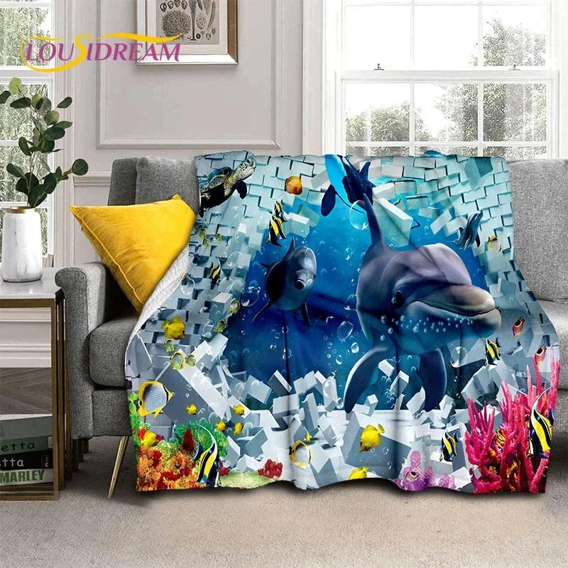 3D Illusion Underwater World Seabed Shark Dolphin Soft Flannel Blanket for Beds Bedroom Sofa Picnic,Throw Blanket Outdoors Gifts