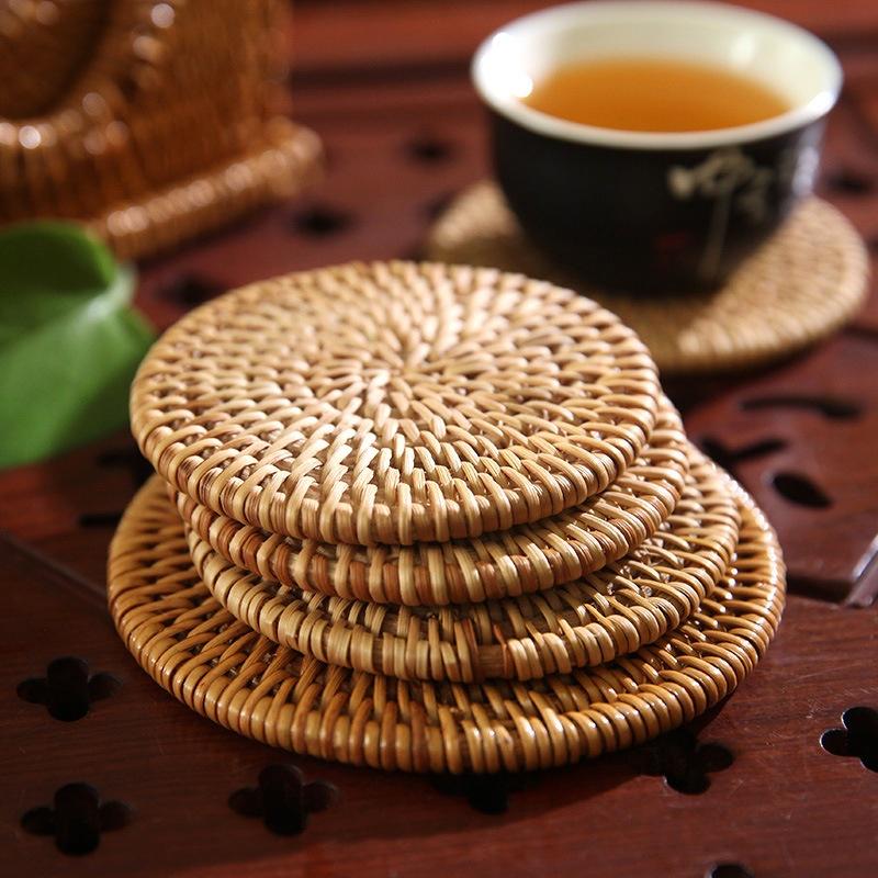 6Pcs/ Drink Coasters Set for Kungfu Tea Accessories Round Tableware Placemat Dish Mat Rattan Weave Cup Mat Pad