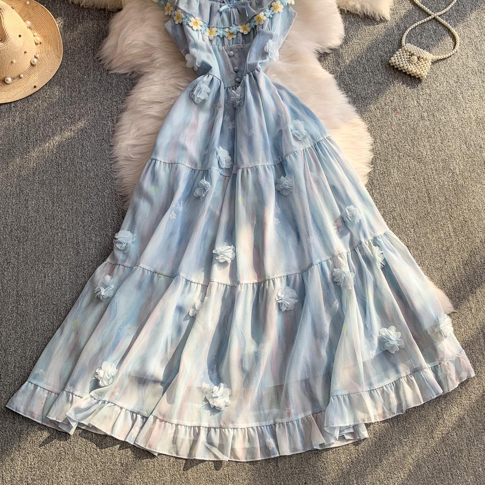 French Sweet Blue Three-dimensional Flower Small Flying Sleeve Suspender Dress Women's Casual Summer Vacation Style Thin Dress