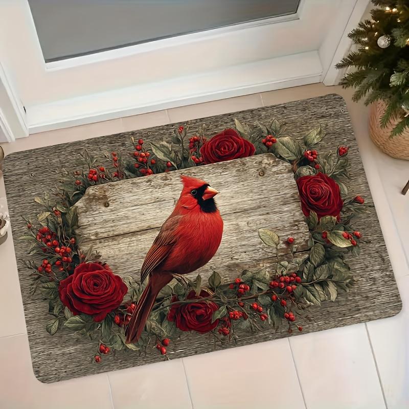 1pc Flannel Doormat, Cardinal Red Rose Berry Vintage Wood Grain Entrance Mat, Non-Slip Absorbent Bathroom Kitchen Home Decorative Floor Mat