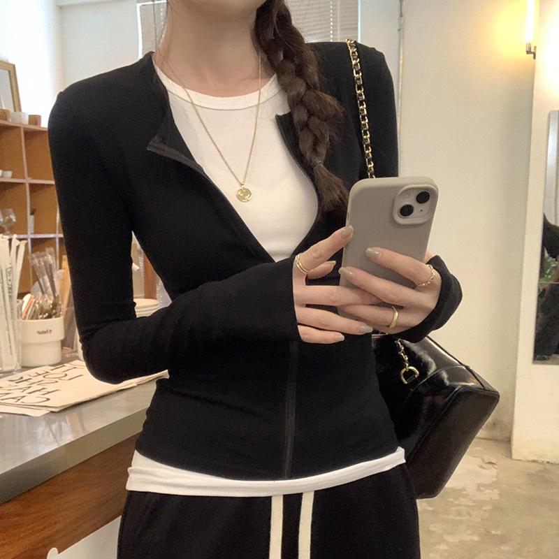 Women's Korean Style Colorblock Zip-Up Cardigan Long Sleeve T-Shirt - Autumn/Winter 2024 Slimming Top